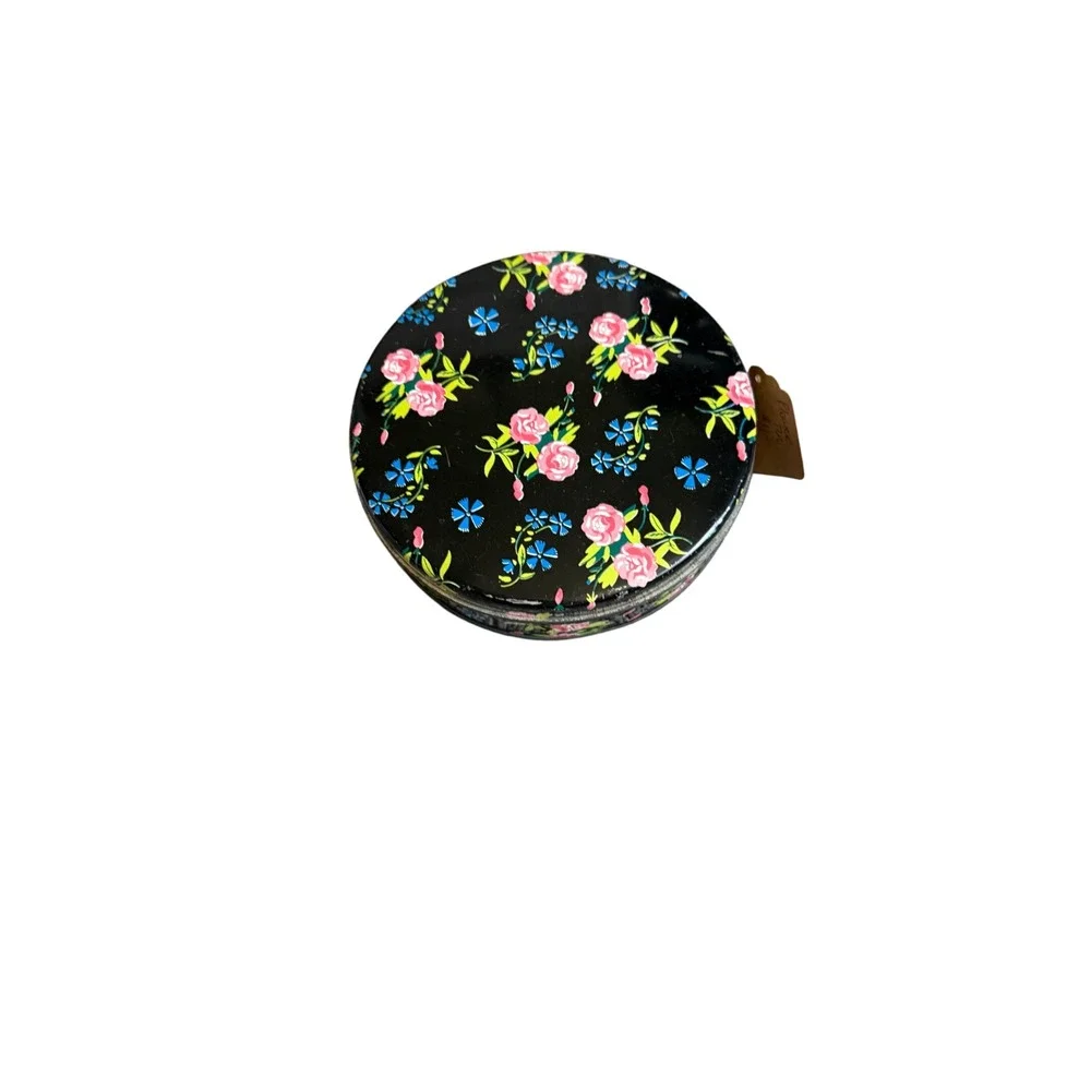 Vintage Floral Metal Tin Round Pink Rose Blue Flower Black Decorative Storage